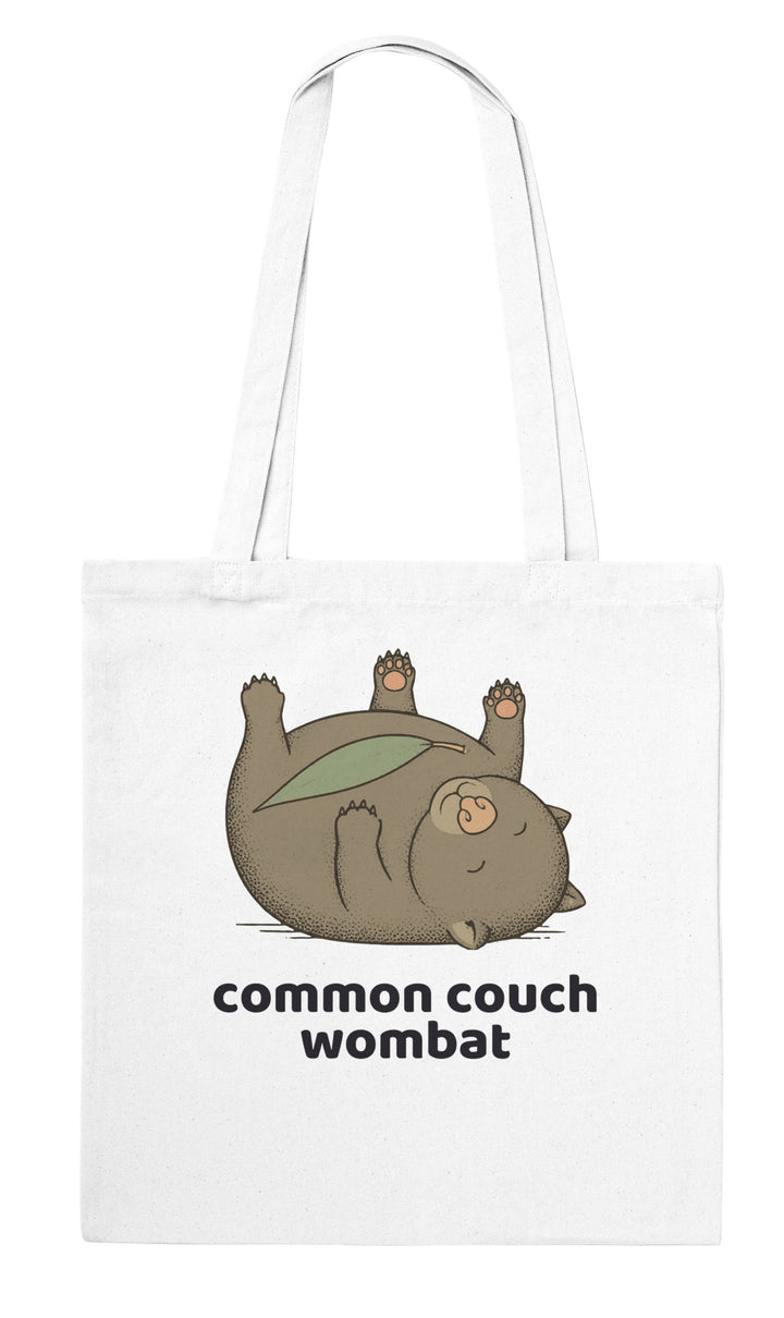 Common Couch Wombat feel-good tote bag in white: a vintage field-guide wombat flat on its back, Zen Koala Australia