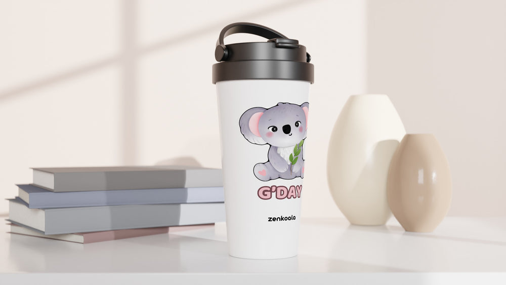 G'Day Koala travel mug beside books and vases, Zen Koala Australia