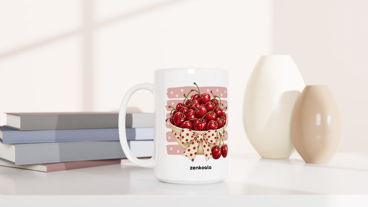 Cherries 15oz mug beside books and vases, Zen Koala Australia