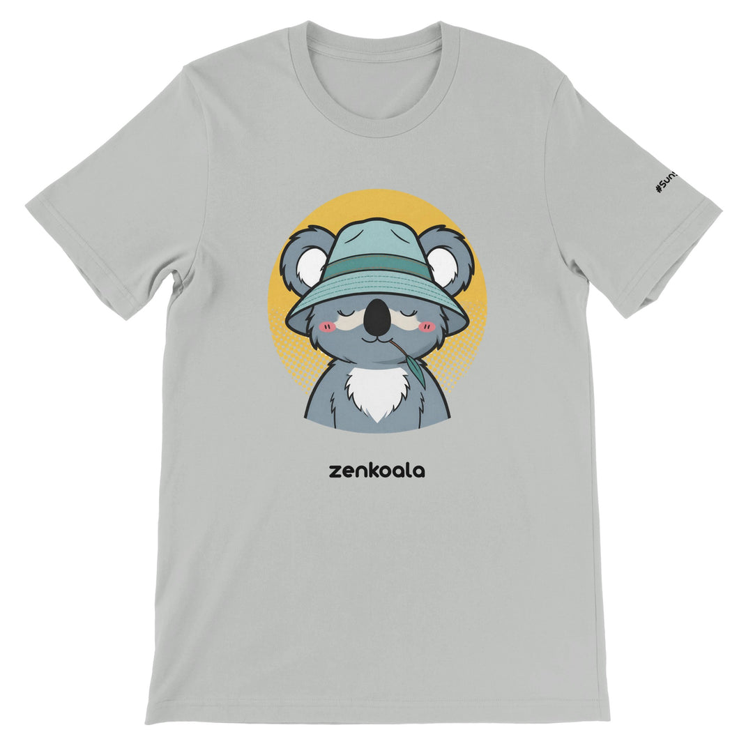 Koala Zinc and Bucket Hat feel-good tee in silver — a sun-smart Aussie koala in a bucket hat with a gum leaf against a retro sun, Zen Koala Australia