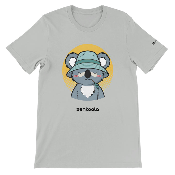 Koala Zinc and Bucket Hat feel-good tee in silver — a sun-smart Aussie koala in a bucket hat with a gum leaf against a retro sun, Zen Koala Australia