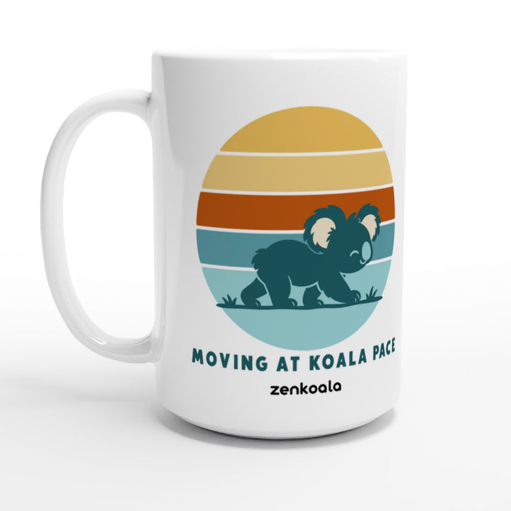 Moving at Koala Pace feel-good 15oz mug: a koala strolling across a retro sunset, Zen Koala Australia