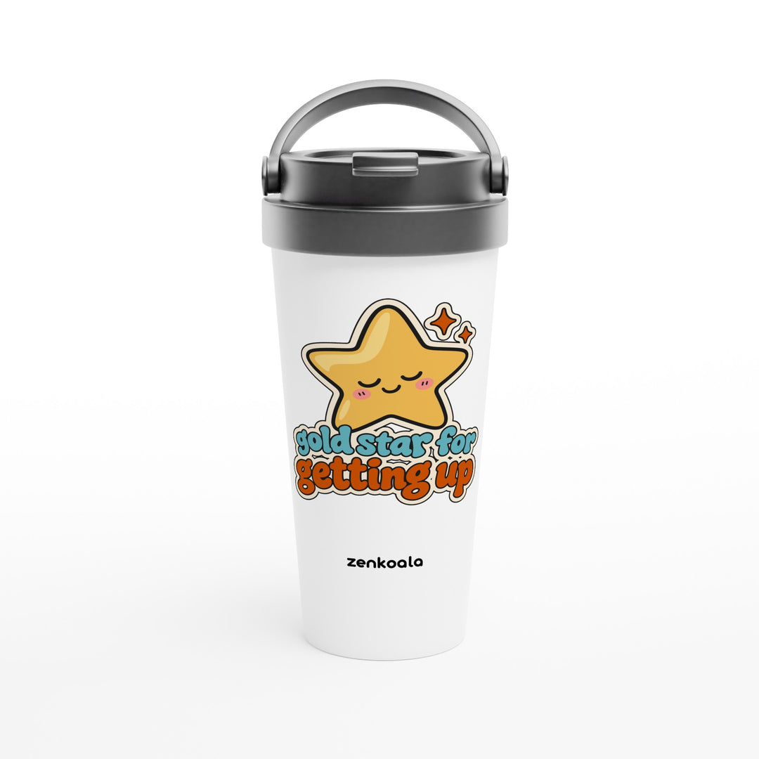 Gold Star for Getting Up feel-good travel mug: a sleepy gold star sticker, Zen Koala Australia