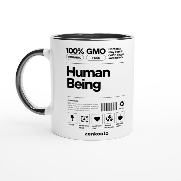 Human Being feel-good mug: a food label for 100% human being, Zen Koala Australia