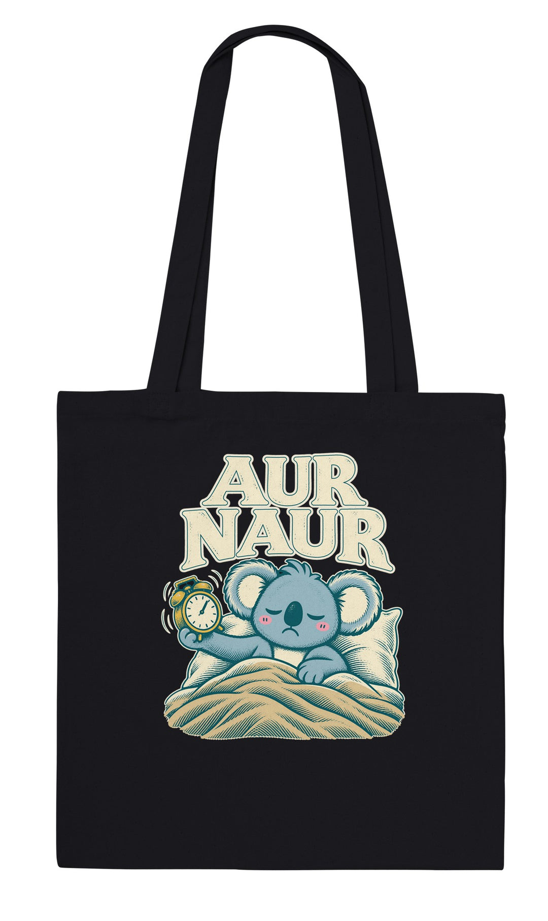Aur Naur feel-good tote bag in black: a betrayed koala holding a ringing alarm clock, Zen Koala Australia