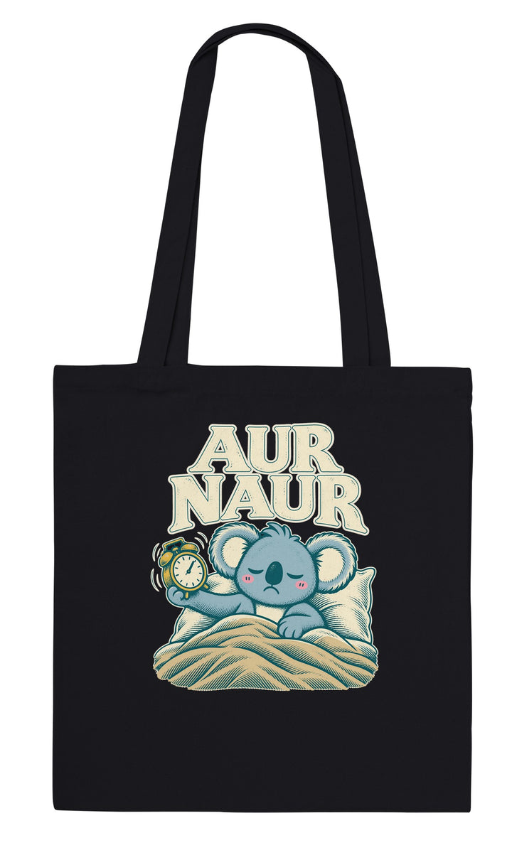 Aur Naur feel-good tote bag in black: a betrayed koala holding a ringing alarm clock, Zen Koala Australia