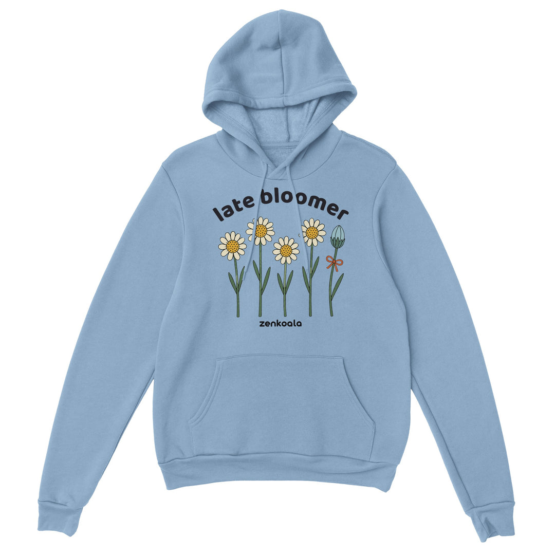 Late Bloomer feel-good hoodie in light blue, Zen Koala Australia
