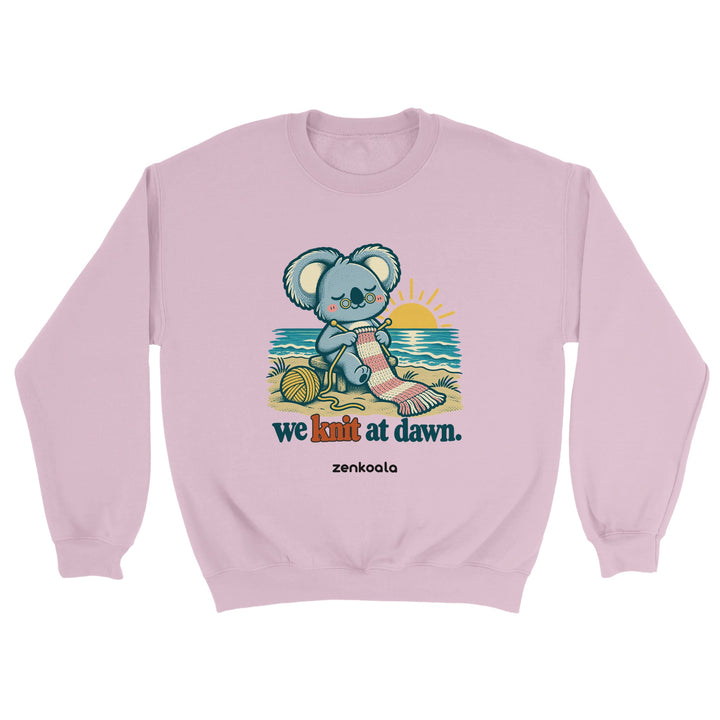We Knit at Dawn feel-good sweatshirt in light pink, Zen Koala Australia