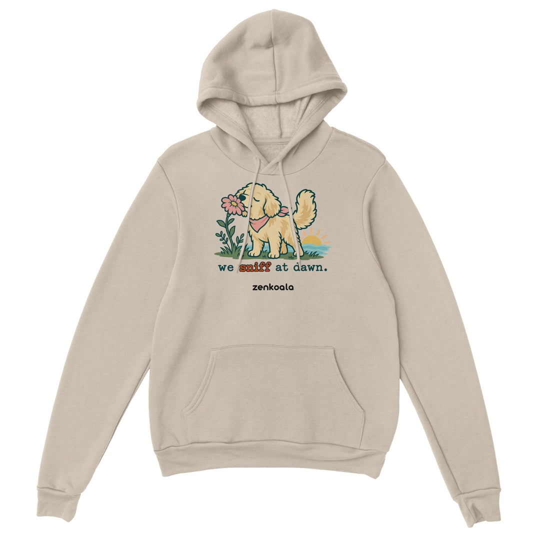 We Sniff at Dawn feel-good hoodie in sand, Zen Koala Australia