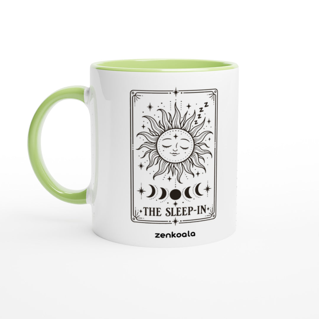 The Sleep-In mug in green: white with a green rim, inside and handle, Zen Koala Australia