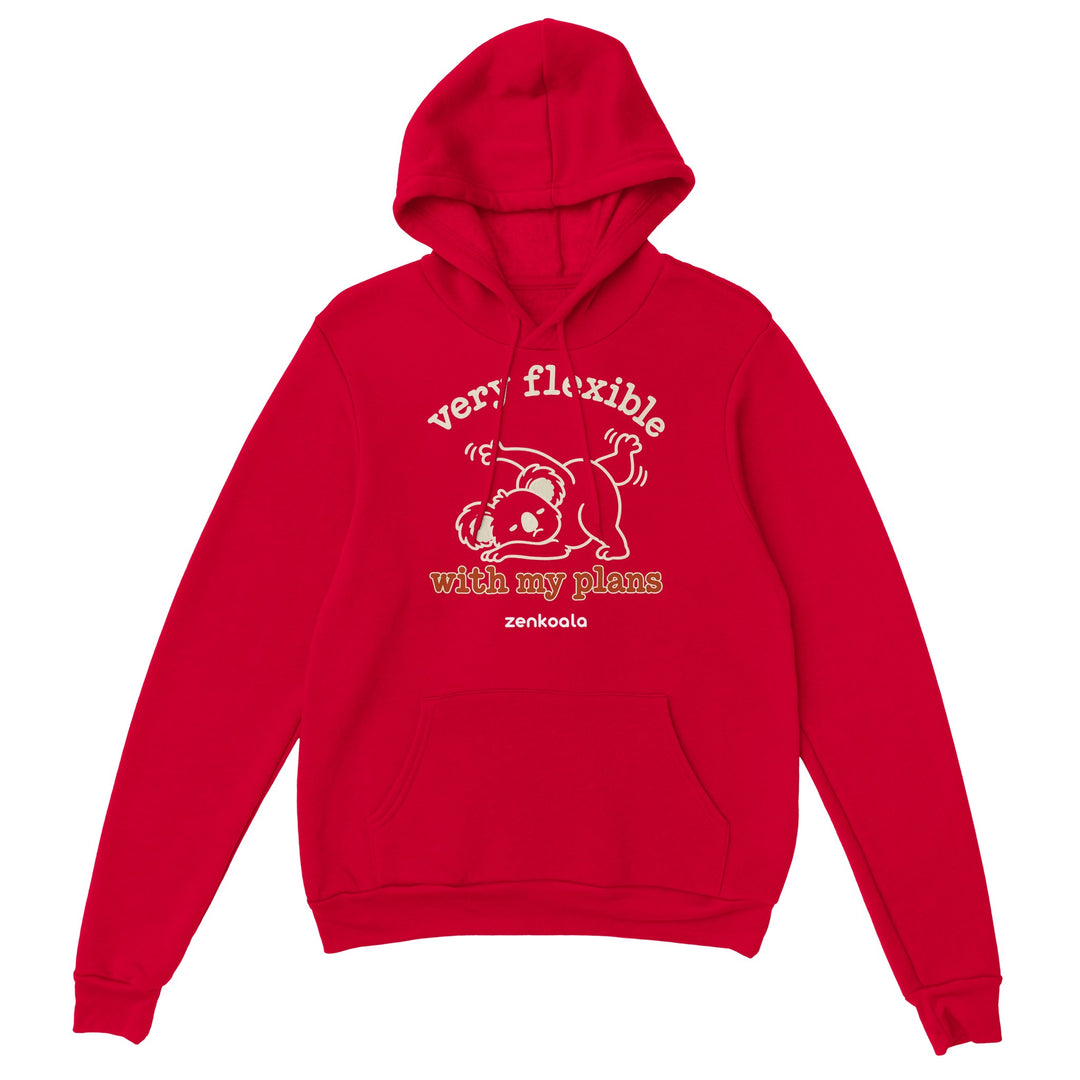 Very Flexible With My Plans feel-good hoodie in red, Zen Koala Australia