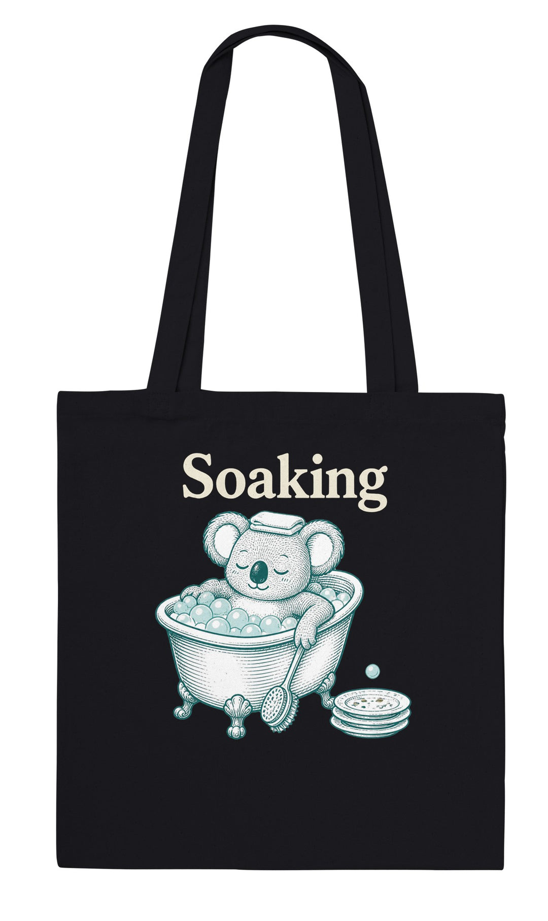 Soaking Koala Bath feel-good tote bag in black, Zen Koala Australia