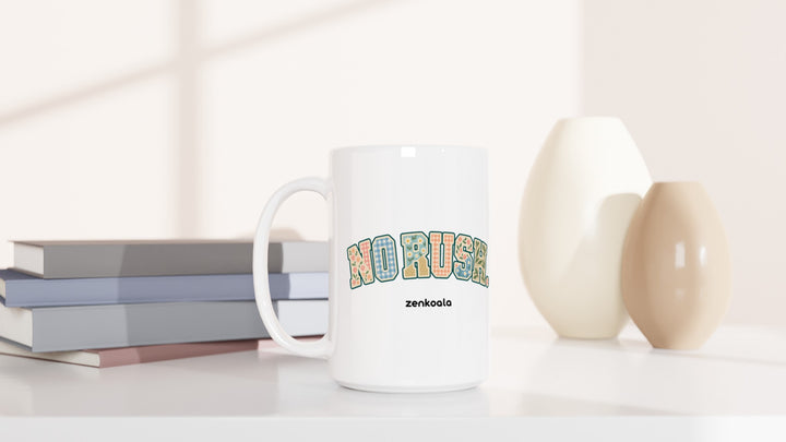 No Rush Faux Patchwork 15oz mug beside books and vases, Zen Koala Australia
