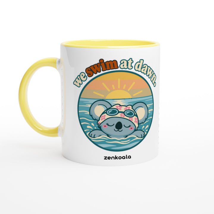 We Swim at Dawn mug in yellow: white with a yellow rim, inside and handle, Zen Koala Australia