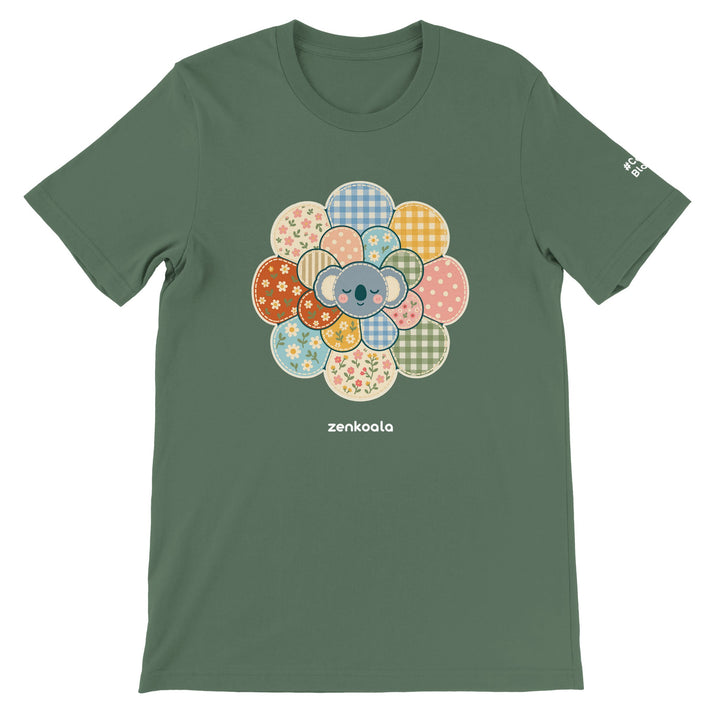 Zen Mandala Flower feel-good tee in military green, Zen Koala Australia