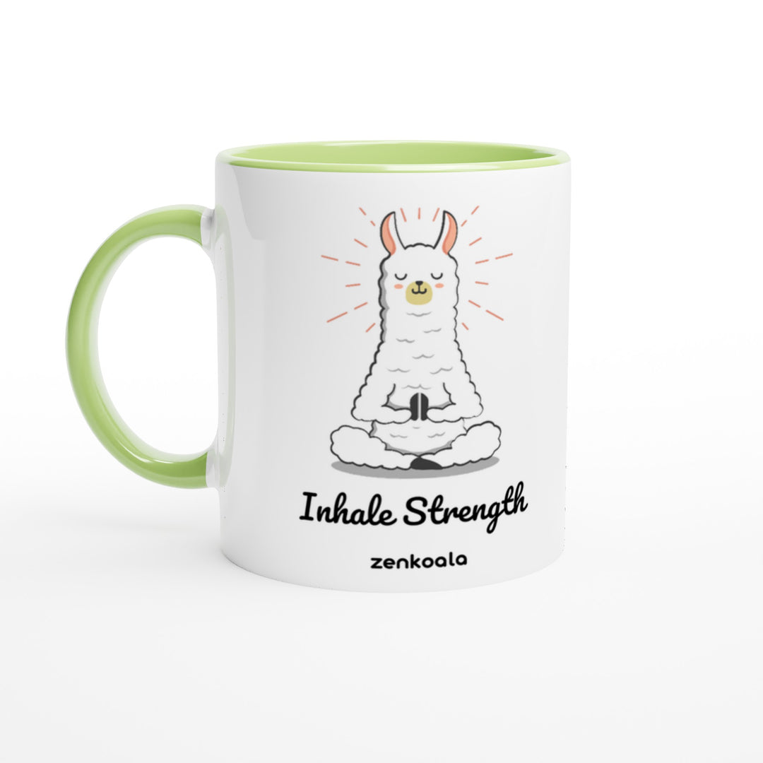 Breathe mug in green: white with a green rim, inside and handle, Zen Koala Australia
