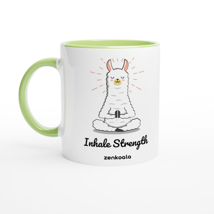 Breathe mug in green: white with a green rim, inside and handle, Zen Koala Australia