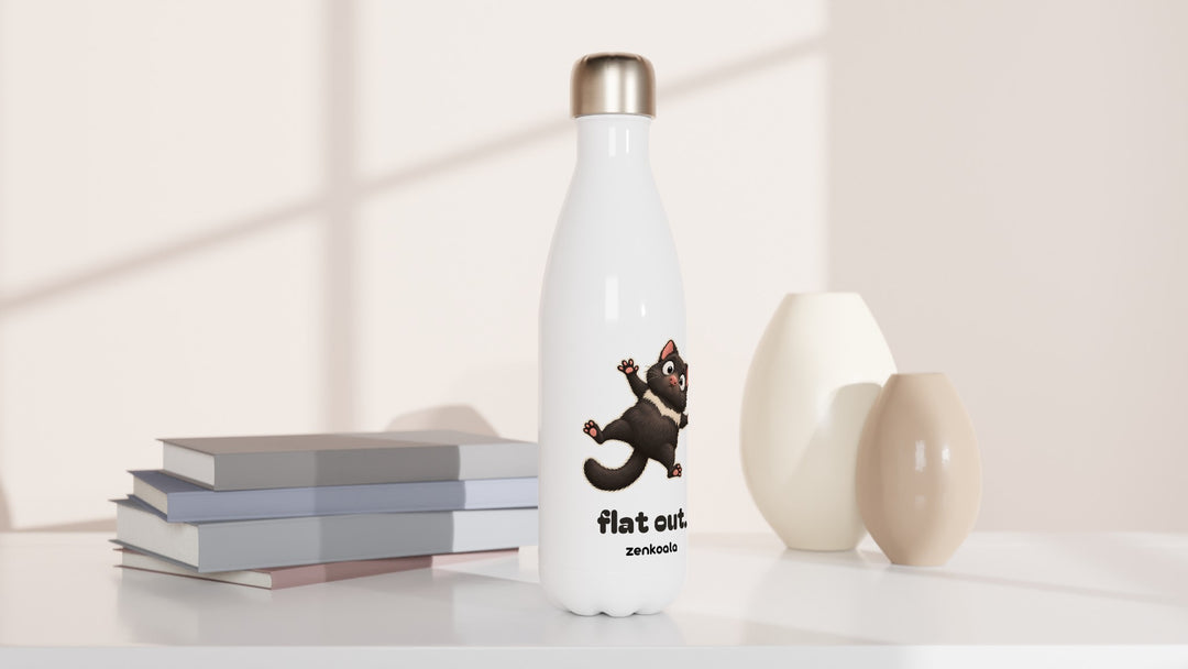 Flat Out water bottle beside books and vases, Zen Koala Australia