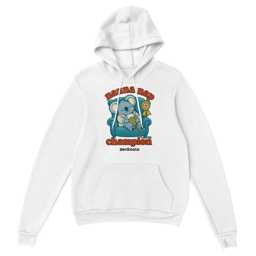 Nanna Nap Champion feel-good hoodie in white, Zen Koala Australia