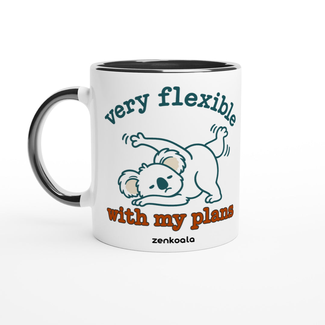 Very Flexible With My Plans mug in black: white with a black rim, inside and handle, Zen Koala Australia