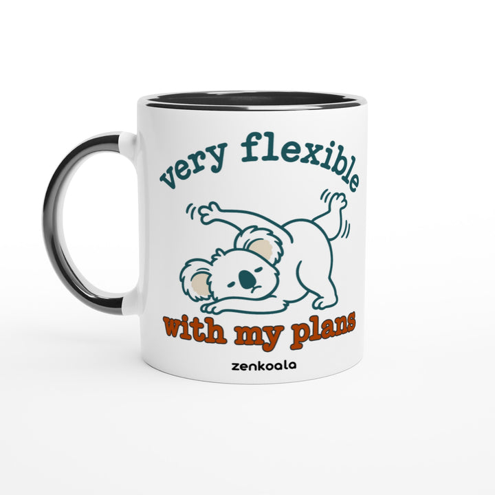 Very Flexible With My Plans mug in black: white with a black rim, inside and handle, Zen Koala Australia