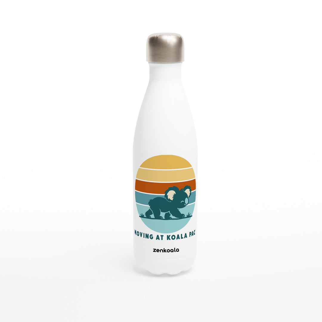 Moving at Koala Pace feel-good water bottle: a koala strolling across a retro sunset, Zen Koala Australia