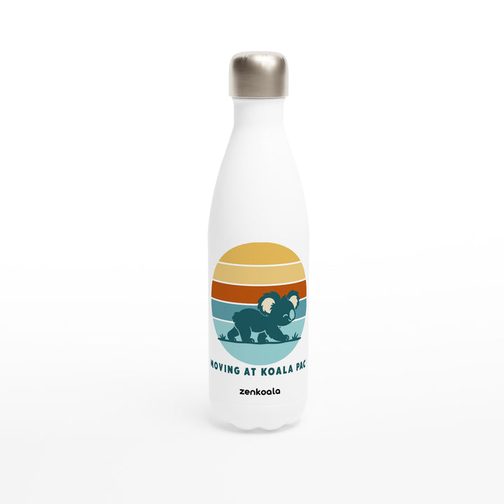 Moving at Koala Pace feel-good water bottle: a koala strolling across a retro sunset, Zen Koala Australia