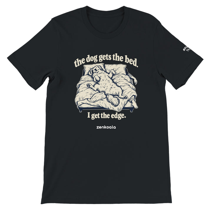 The Dog Gets the Bed feel-good tee in black: a dog sprawled across the whole bed, Zen Koala Australia
