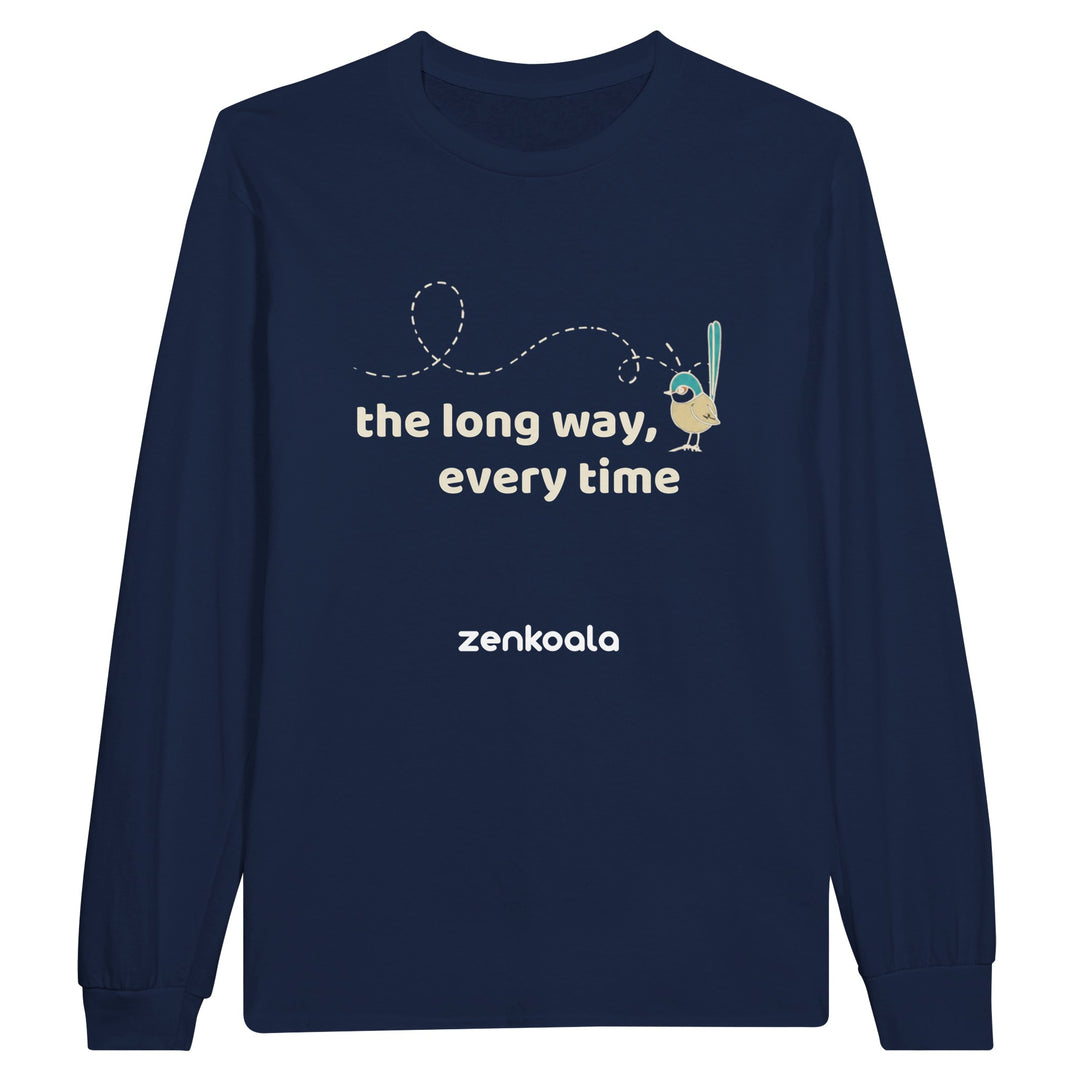 The Long Way Every Time long sleeve tee in navy — a fairy-wren at the end of a looping flight path, Zen Koala Australia