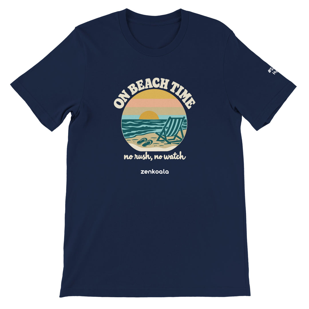 On Beach Time feel-good tee in navy, Zen Koala Australia