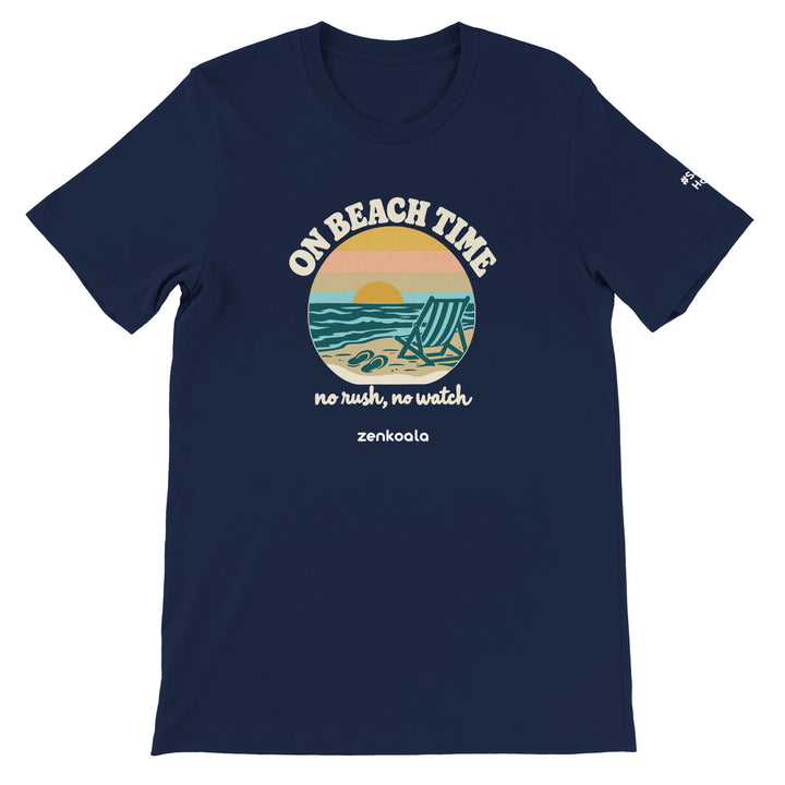 On Beach Time feel-good tee in navy, Zen Koala Australia