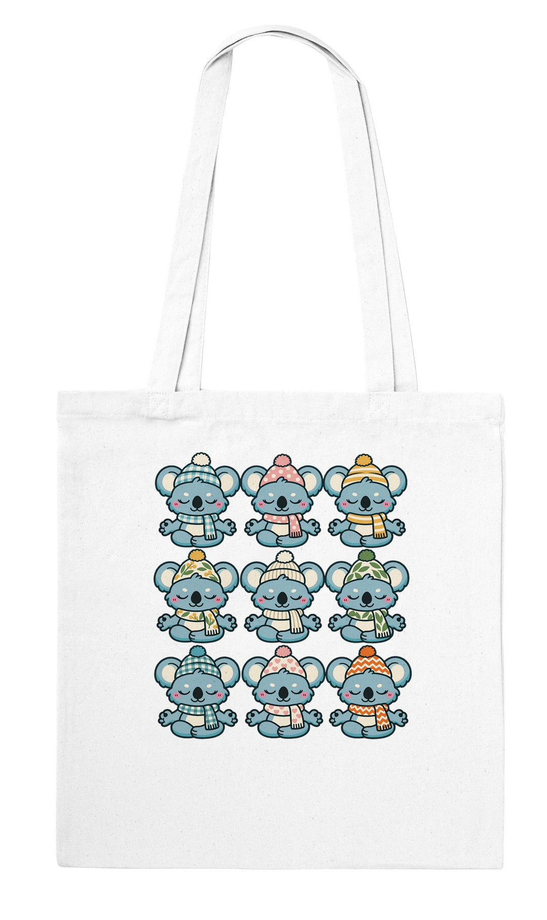 Koala Beanie Club feel-good tote bag in white: nine koalas in beanies, Zen Koala Australia