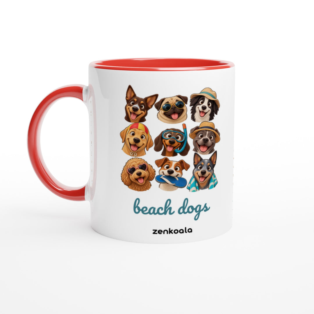 Beach Dogs mug in red: white with a red rim, inside and handle, Zen Koala Australia