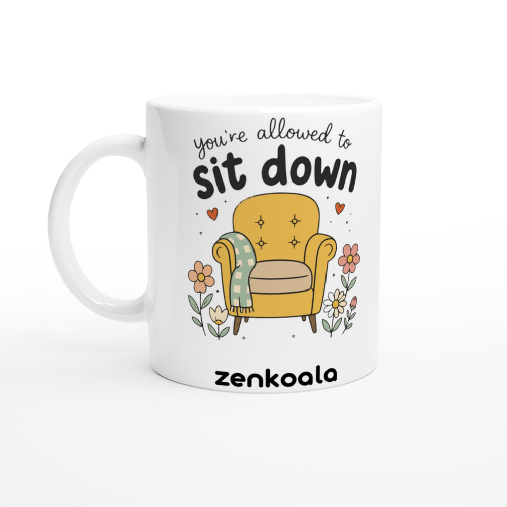 You're Allowed to Sit Down mug in all white, Zen Koala Australia