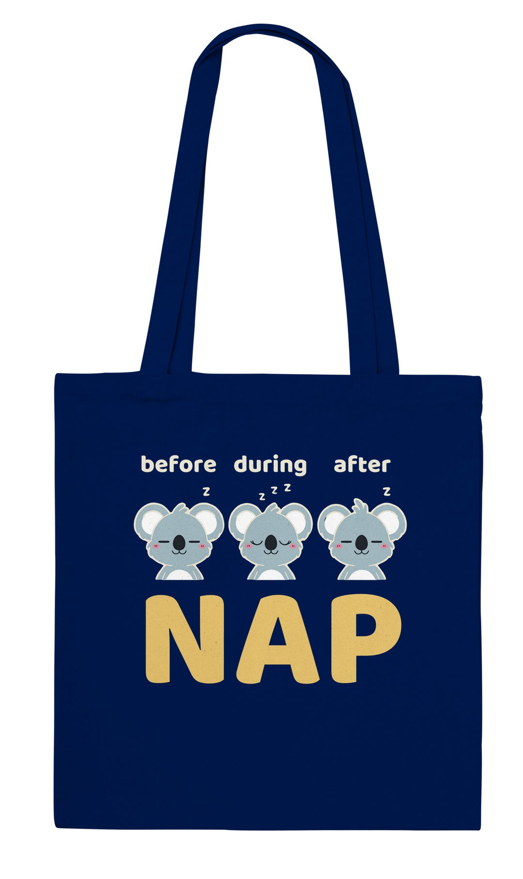 Before Nap Nap After Nap Koala feel-good tote bag in navy: three koalas before, during and after a nap, Zen Koala Australia
