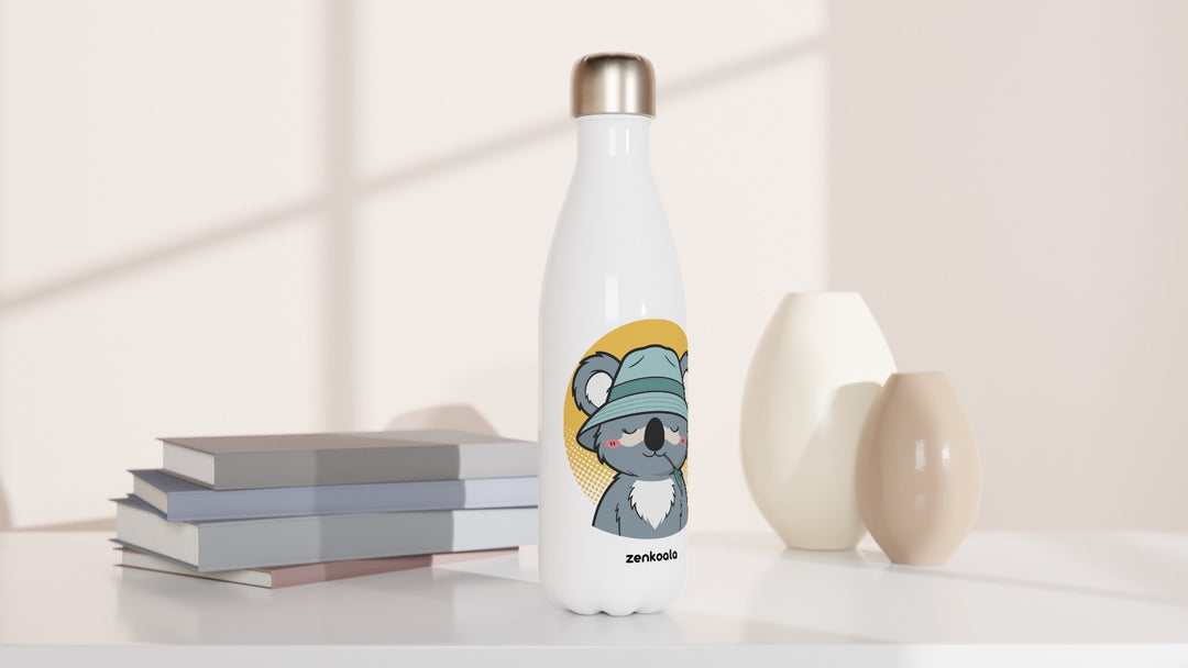 Koala Zinc and Bucket Hat water bottle beside books and vases, Zen Koala Australia