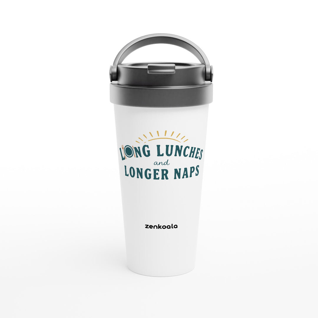 Long Lunches and Longer Naps feel-good travel mug: retro lettering for a slow Aussie afternoon, Zen Koala Australia