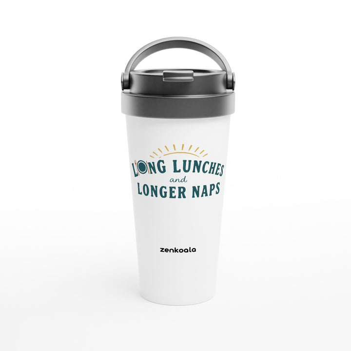 Long Lunches and Longer Naps feel-good travel mug: retro lettering for a slow Aussie afternoon, Zen Koala Australia