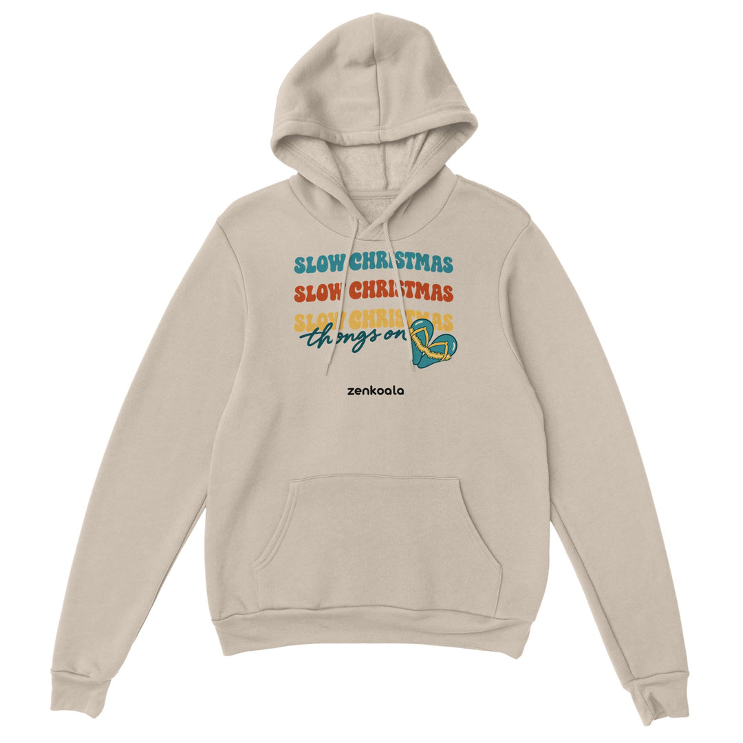 Slow Christmas Thongs On feel-good hoodie in sand, Zen Koala Australia