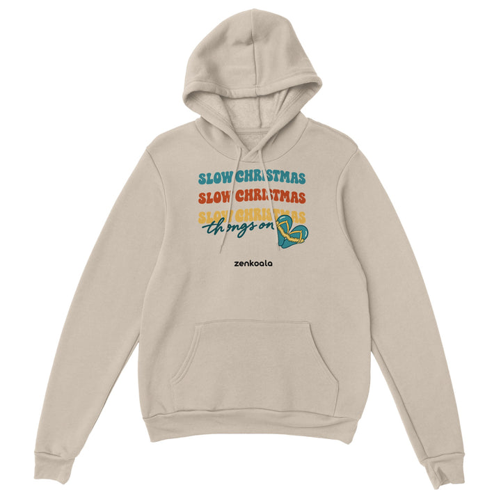 Slow Christmas Thongs On feel-good hoodie in sand, Zen Koala Australia