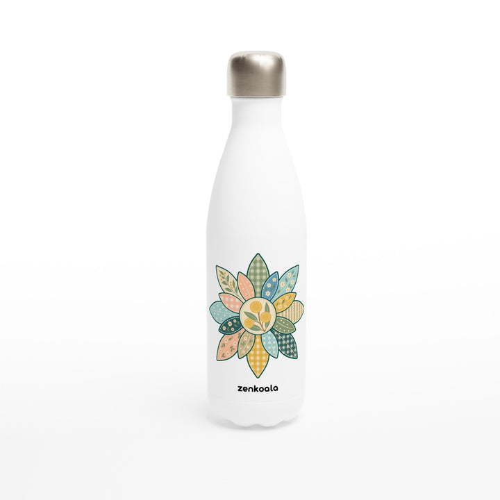 Wattle Mandala feel-good water bottle: a gum-leaf faux patchwork mandala, Zen Koala Australia