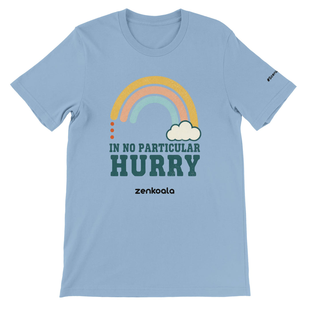In No Particular Hurry feel-good tee in light blue — Zen Koala Australia