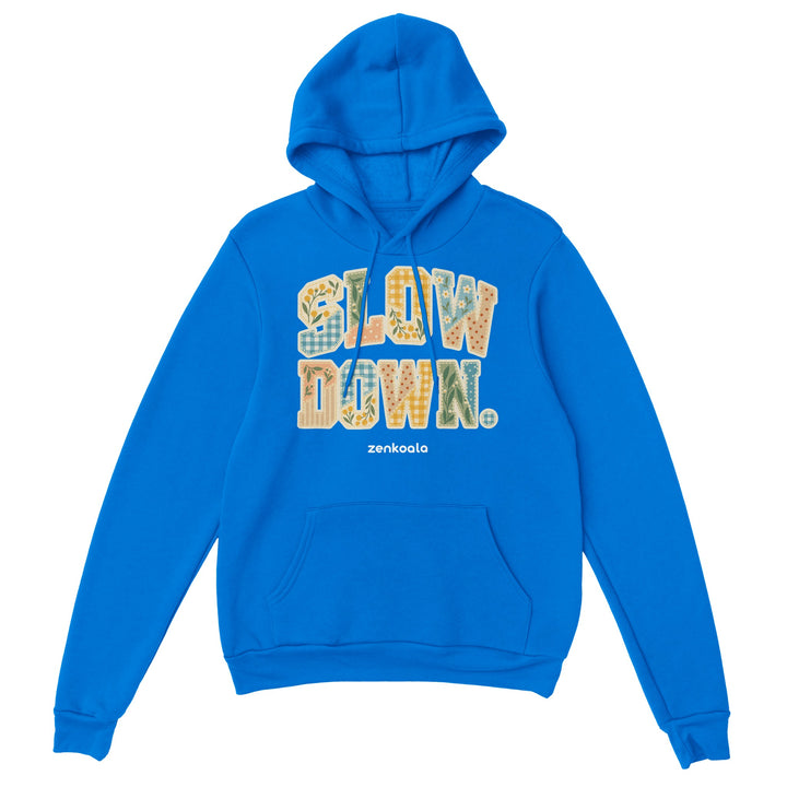 Slow Down Faux Patchwork feel-good hoodie in royal: faux patchwork letters in Aussie florals, Zen Koala Australia
