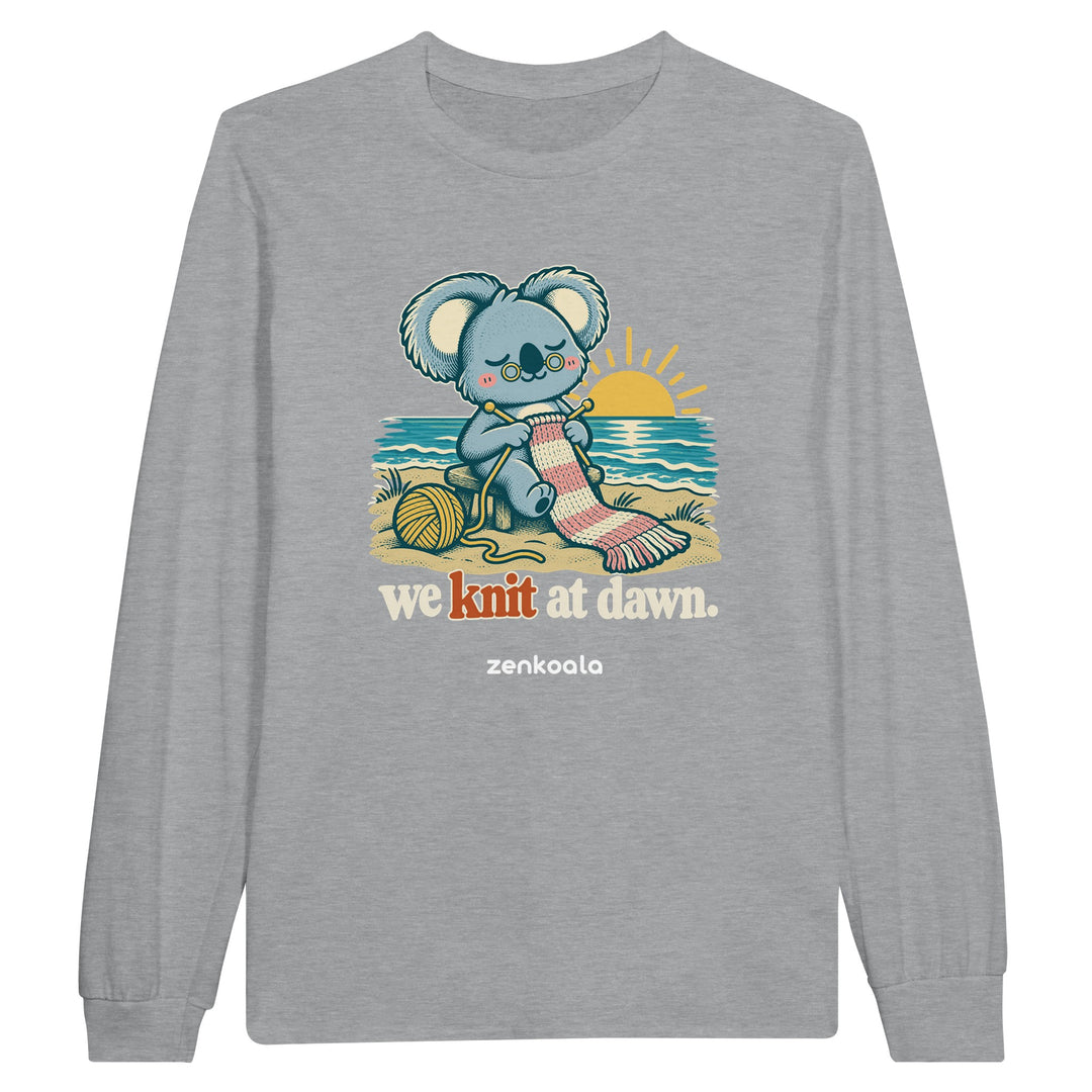 We Knit at Dawn feel-good long sleeve tee in sports grey, Zen Koala Australia