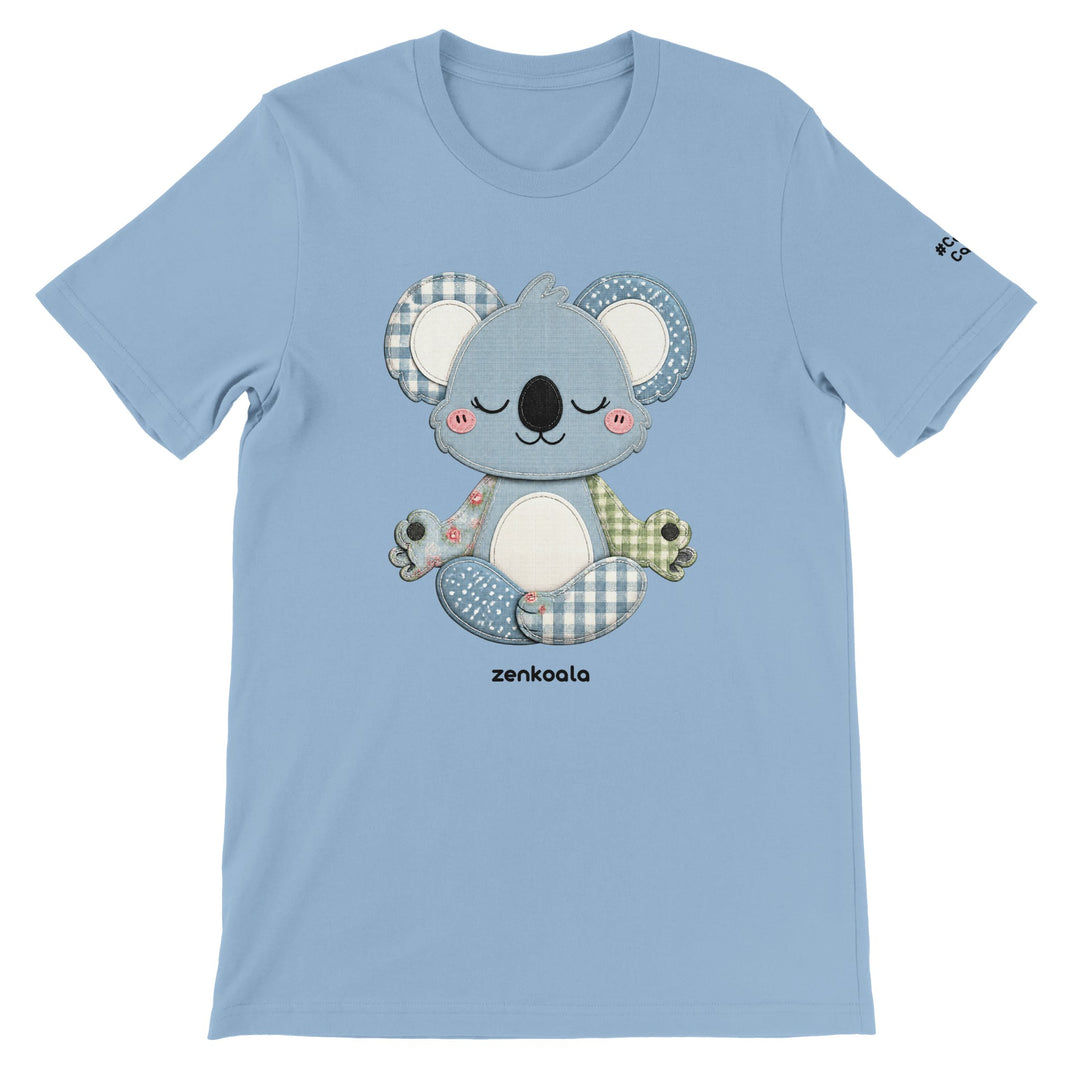 Faux Patchwork Meditating Koala feel-good tee in light blue, Zen Koala Australia