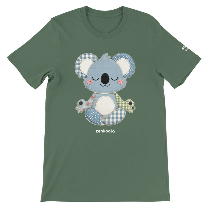 Faux Patchwork Meditating Koala feel-good tee in military green, Zen Koala Australia