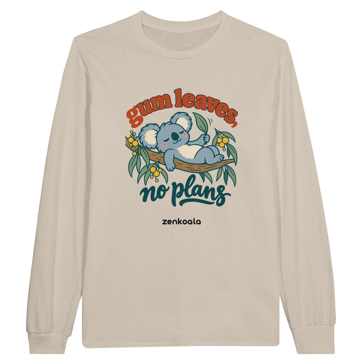 Gum Leaves No Plans feel-good long sleeve tee in sand, Zen Koala Australia