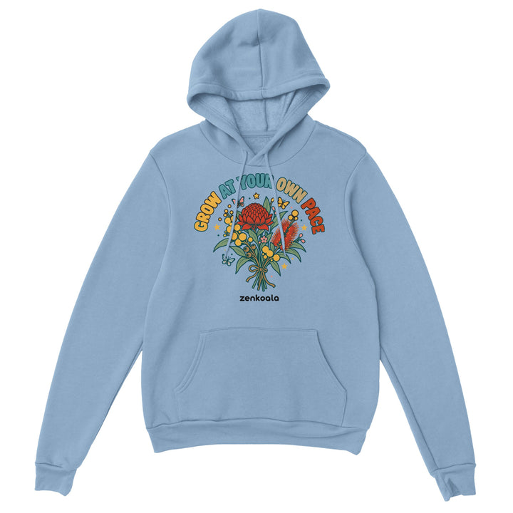 Grow at Your Own Pace feel-good hoodie in light blue, Zen Koala Australia