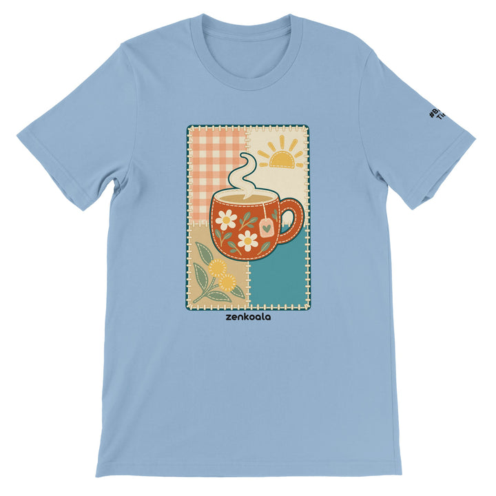Cuppa Quilt feel-good tee in light blue, Zen Koala Australia