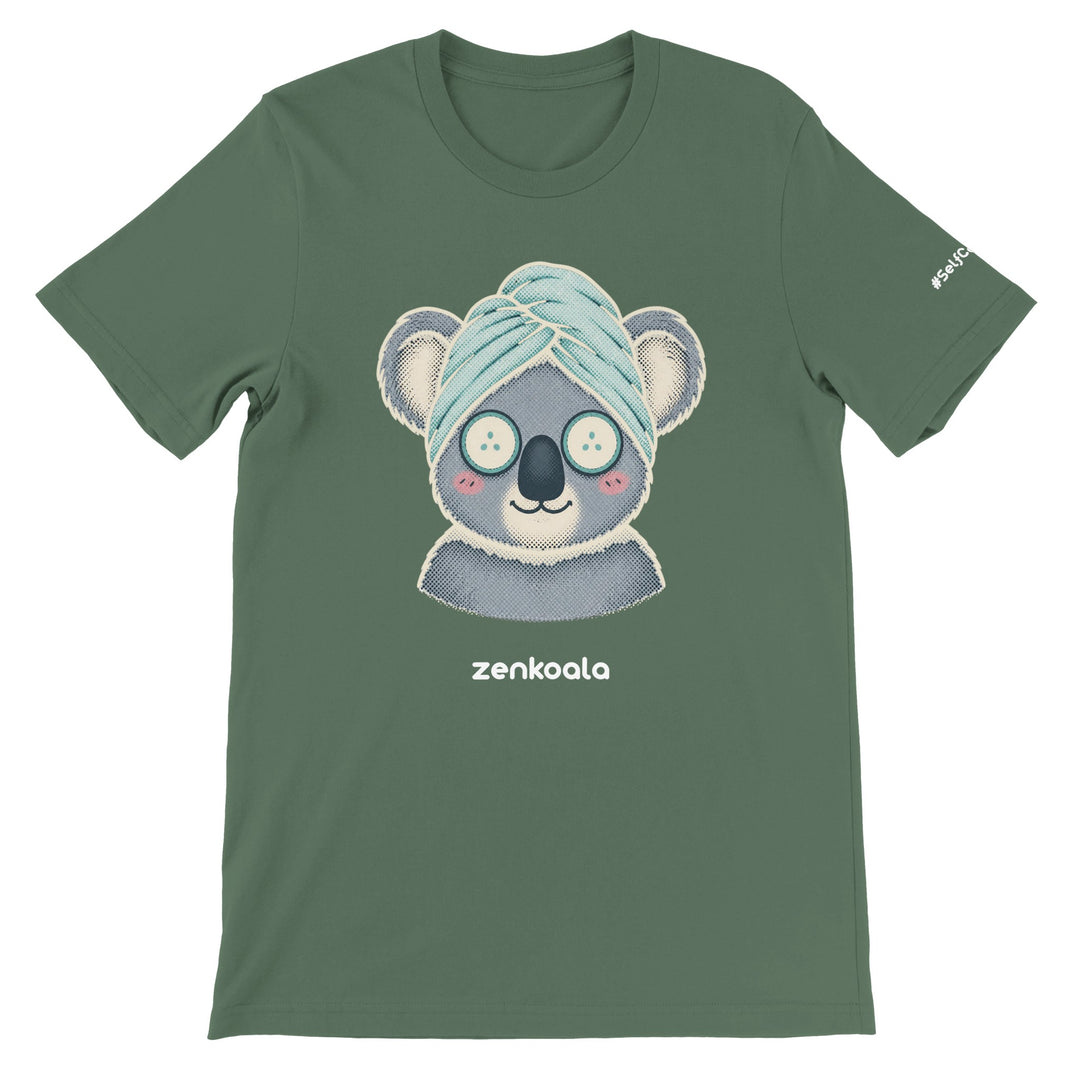 Koala Spa Day feel-good tee in military green — Zen Koala Australia